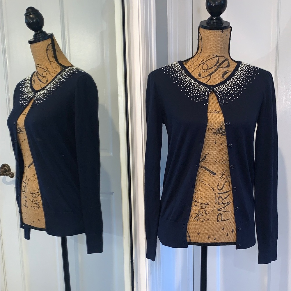 French Connection Pearl Beaded Navy Blue Button Down Cardigan Sweater S